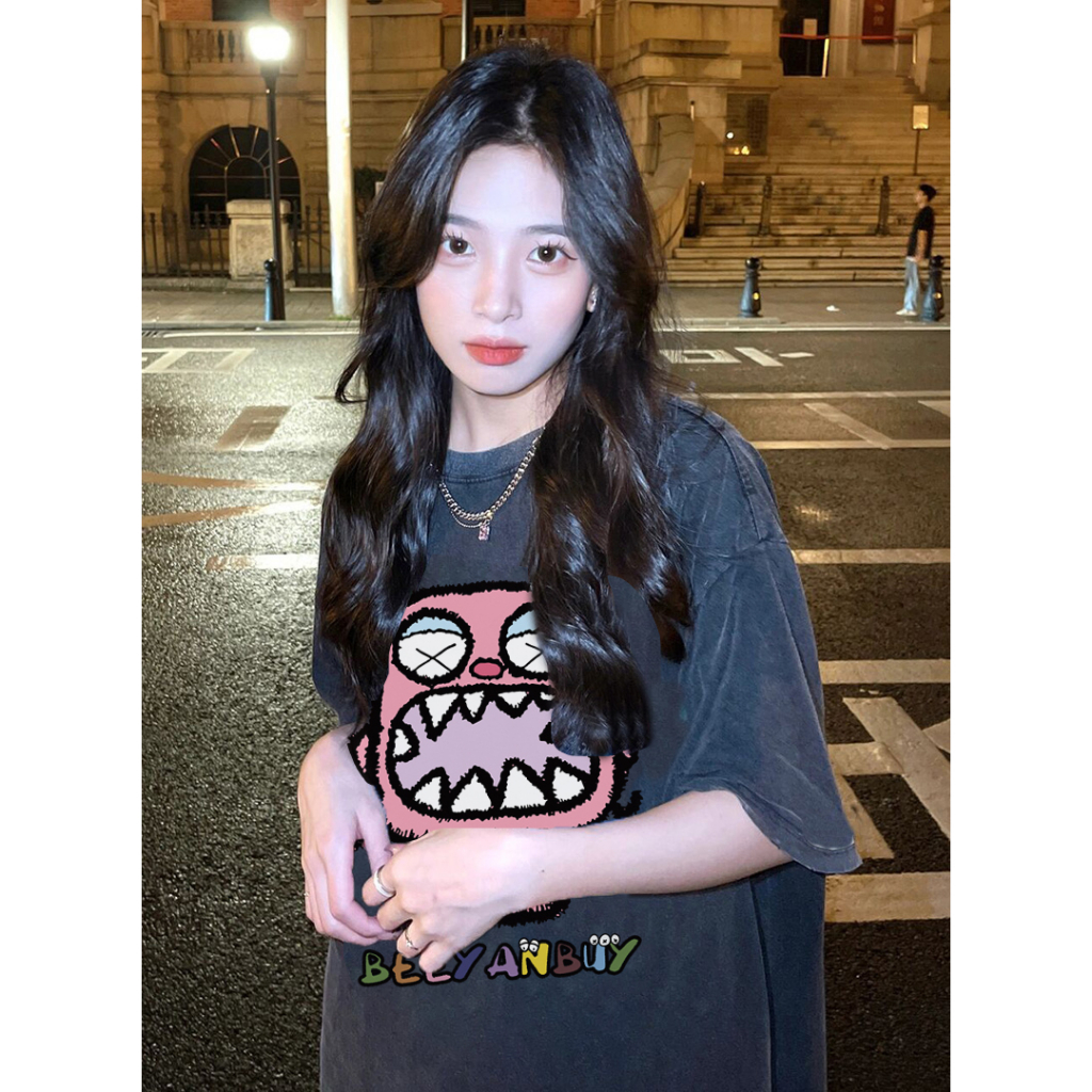 EUNII T-shirt Lengan Pendek Black Washed Cartoon Pink Monster Printing Korean Style/Kaos Atasan Wanita/Baju Wanita/Kaos Wanita