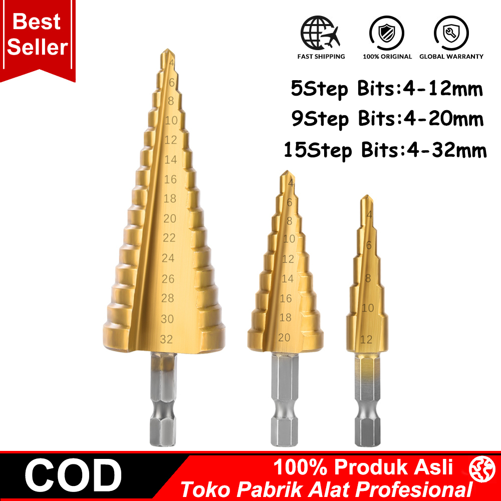 Mata Bor Pagoda Spiral Kerucut Titanium HSS Step Cone Drill Bits Lubang Besi Kayu Plastik dll