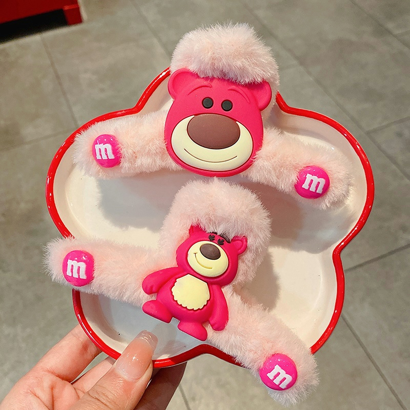 COD❤️Jepit rambut Lotso Beruang Stroberi Bulu Lucu Korea/ Bando Lotso Klip Rambut Wanita Anak Kuda Gadis Kecil Hair clip