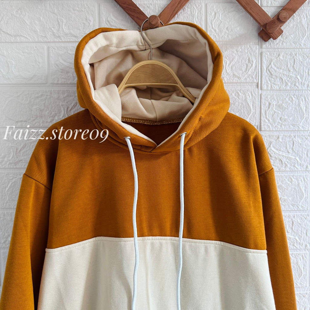 SWEATER HOODI POLOS COMBINASI TIGA WARNA BAHAN FLACEE TEBAL