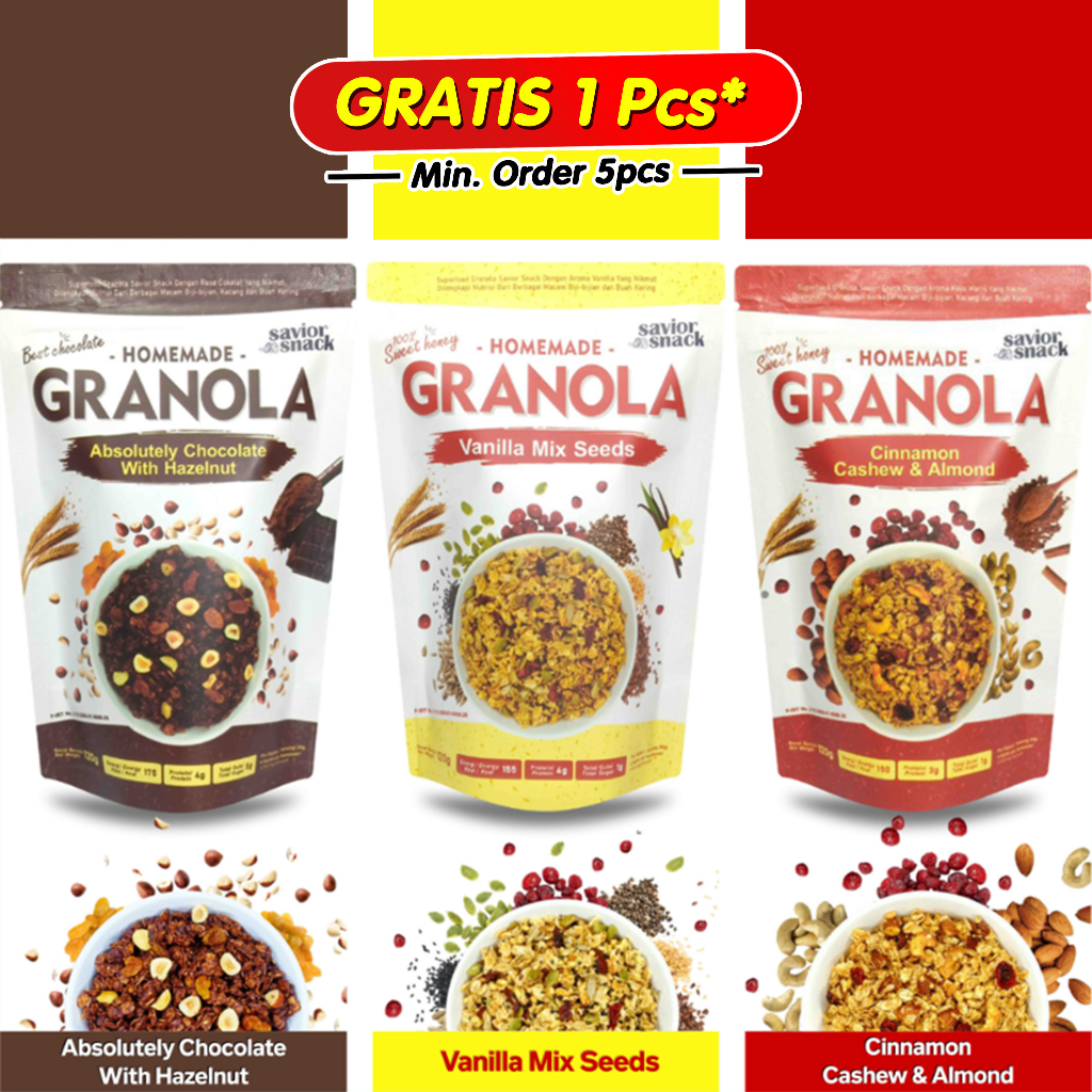 Sereal Makanan Sehat High Quality - Topping Oatmeal - Menu Sarapan Praktis - Savior Snack - Granola Crunchy Absolutely Chocolate With Hazelnut, Vanilla Mixs Seed, Cinnamon Cashew &amp; Almond - Cemilan Sehat - Trail Mix Superfood