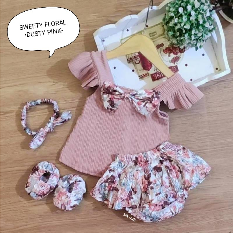 Setelan Baju Anak Bayi Perempuan Atasan Dan Rok Celana Motif Angel Free Sepatu Dan Headband Estimasi Usia 0-6 Bulan