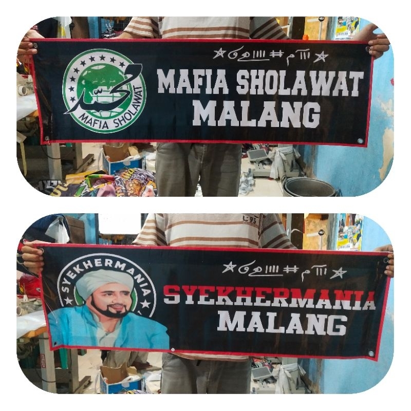 BANNER SYEKHERMANIA MURAH FREE STICKER, BISA CUSTOM DESAIN SENDIRI, BANNER SHOLAWAT, BANNER MAJELIS,