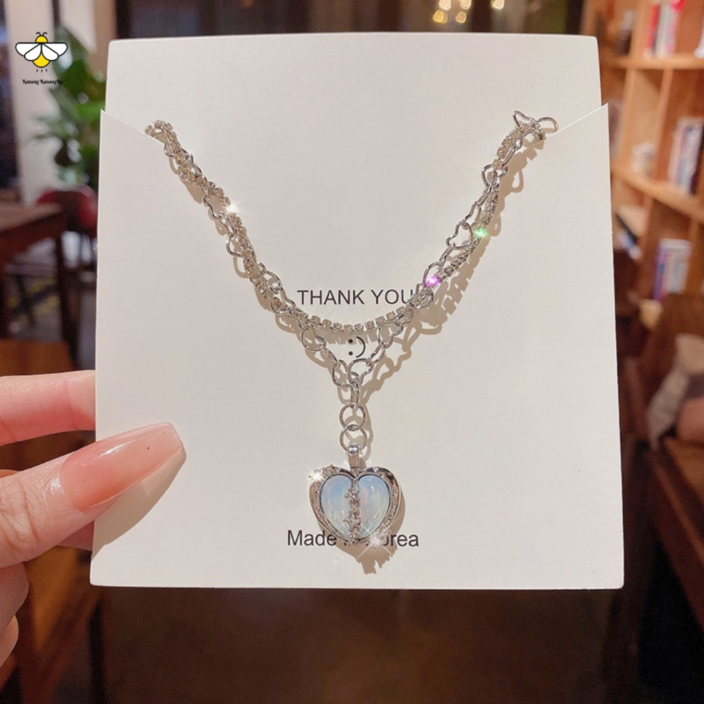 Kalung Titanium Cinta Mosaik Wanita Pria Gaya Hip Hop Liontin Love Hitam Anti Karat