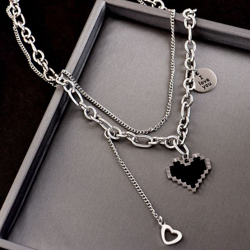Kalung Multilayer Rantai Silver Liontin Hati Love Mosaik Kristal Hitam Anti Karat Untuk Wanita dan Pria Aksesoris Perhiasan