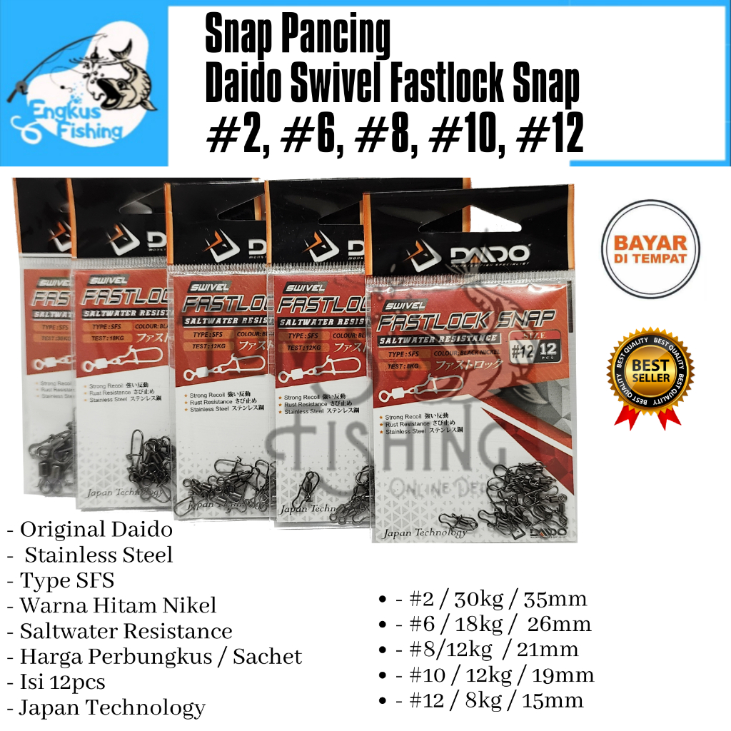 Snap Pancing Daido Swivel Fastlock Snap (#2/#6/#8/#10/#12) Water Resistace Murah - Engkus Fishing