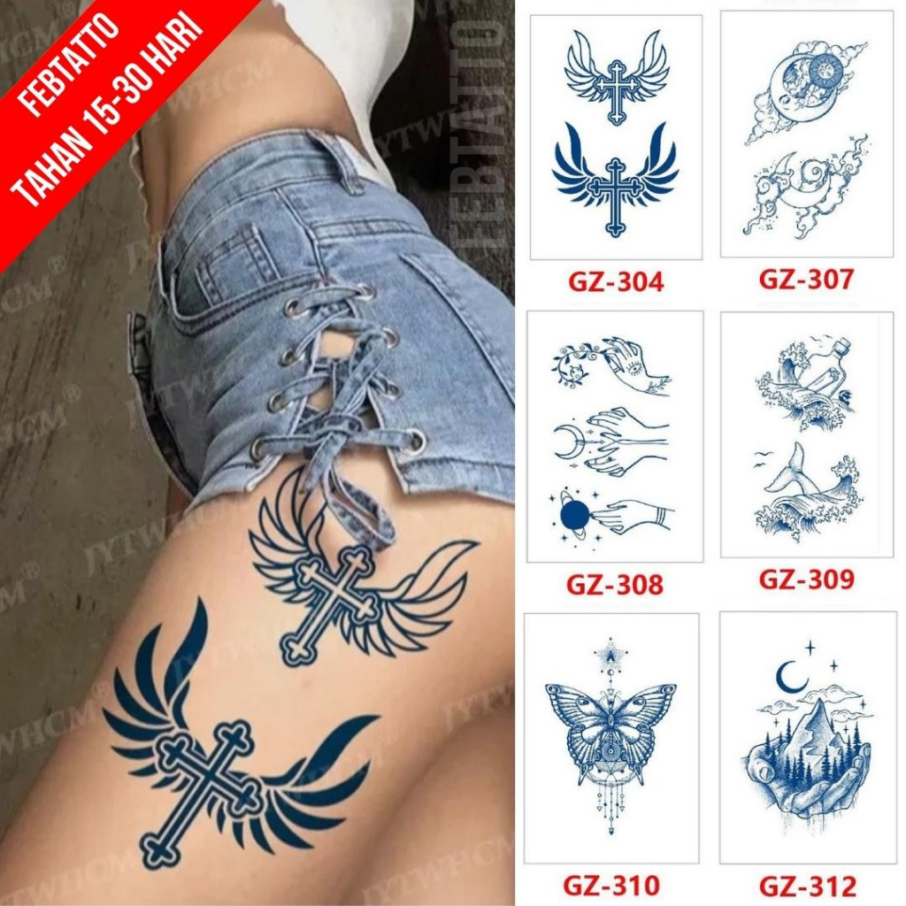 FRUIT INK Tato Semi Pemanent Tahan 1 Bulan Ukuran 11cmx18cmTato Lengan Tato Dada Tato tangan Tato Kaki Tato Punggung Tato Jari  Motif Aesthetic Tatto Temporary Stiker Tato Halal Grosir Tato air motif salib, bulan, tangan, ikan, kupu kupu, gunung GZ 304