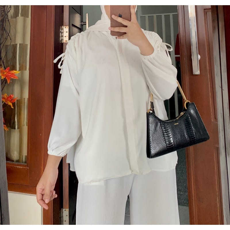 Blouse Wanita Dewasa Serut Pundak Kemeja Wanita Serut Pundak Terbaru Blouse Crinkle Serut pundak Wan