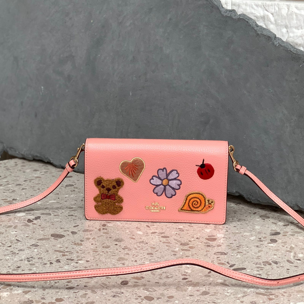 Coach Anna Creature Patches Leather Foldover Xbody Candy Pink Multi