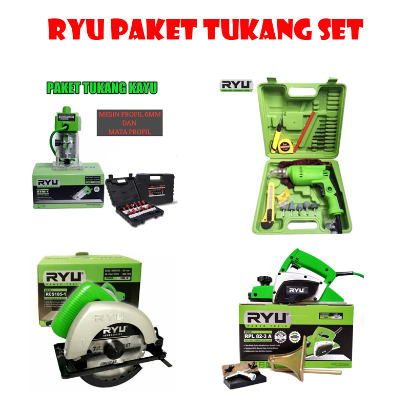 PAKET TUKANG KAYU LENGKAP RYU 4 ITEM MESIN CIRCULAR / RYU MESIN PROFIL+MATA 12PCS / RYU MESIN PLANER / RYU MESIN BOR SET KOPER RDR 10-3 REB 10 mm set 22pc