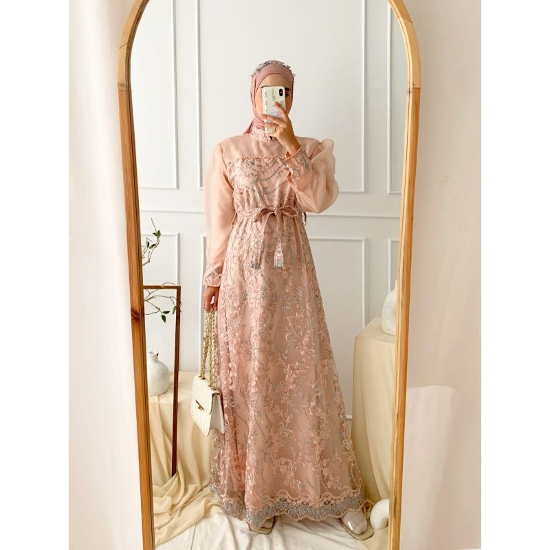 MAXY MERLIN MUTIARA, BRUKAT VELVET, GAMIS HIJAB MUSLIM, MAXY DRESS