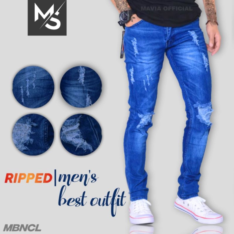 Mavia - Celana Panjang Jeans Motif Sobek Lutut Pants Jins Robek Lutut Bolong Tembus Bahan Denim