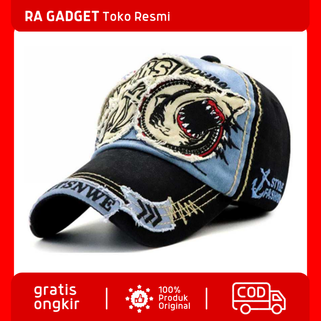 Topi Baseball Unise Cap Motif Bordir Shark / Topi kasual Casual Distro Sobek Sobek Robek Cowok Laki 