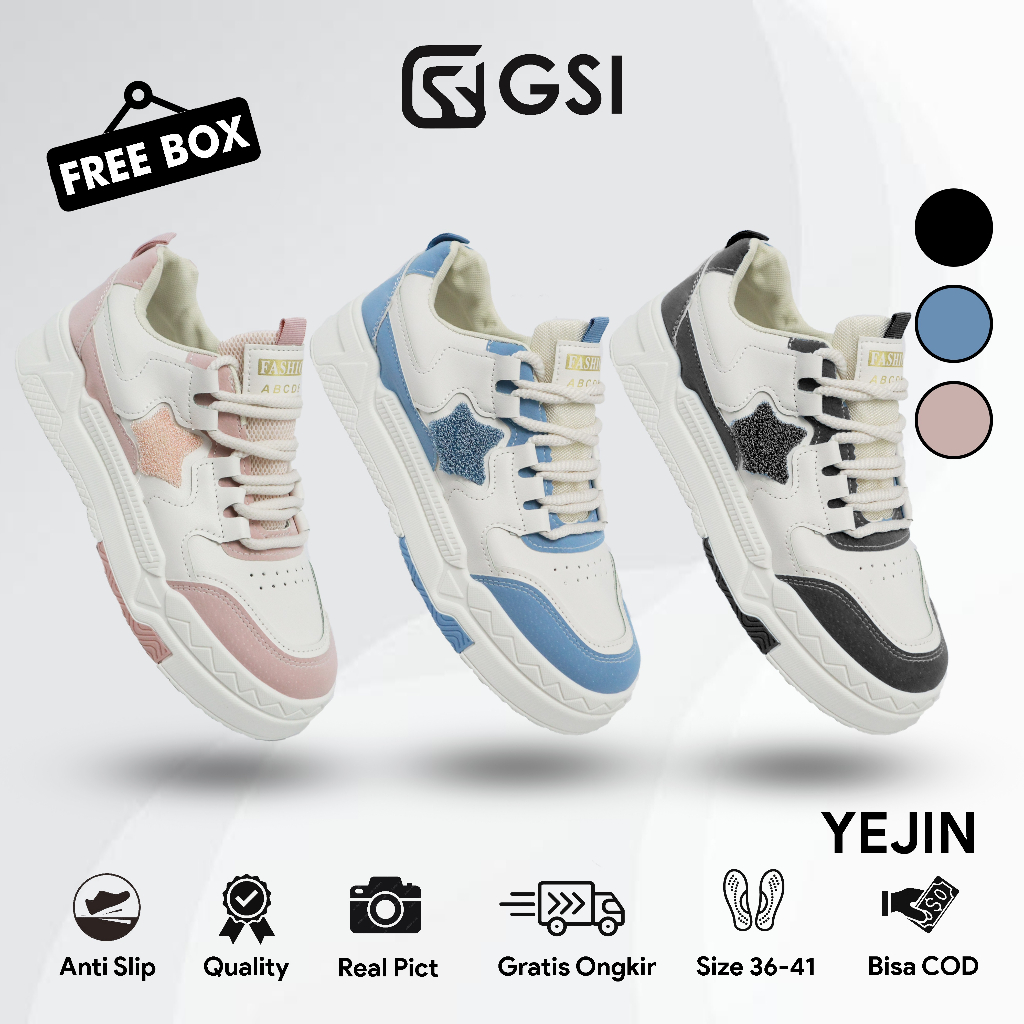 Gudang Sepatu Id Yejin Sepatu Sneakers Wanita Casual Look Shoes Sport Chic Woman White Bertali Hak Tinggi Bahan Sintetis PU Jalan Olahraga Kantor Sekolah Kampus Ukuran 36 Sampai 41 Free Kotak 1296