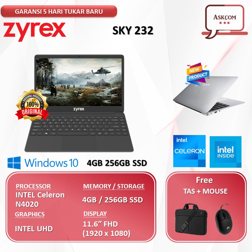 Laptop MURAH Zyrex SKY 232 N4020 4GB 256GB SSD+64GB W10 11.6FHD BT