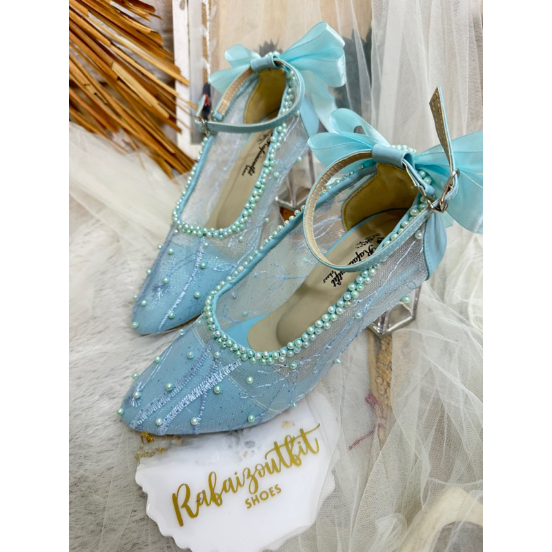 sepatu pesta jane wedding babyblue pita 7cm kaca