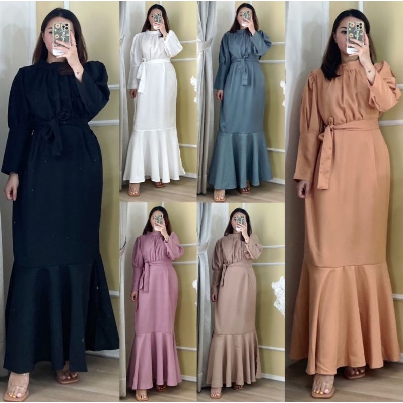 ⚡️CLEARANCE SALE ♡ PREMIUM ♡ ORIGINAL ! FITRI MERMAID GAMIS LONG SLEEVE BOTTOM RUFFLE MAXI DRESS WITH OBI TIED ( HIJAB FRIENDLY )