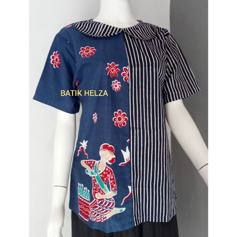 blus batik wanita modern motif lurik mix jamu gendong navy bahan katun jahitan rapi lengan pendek co