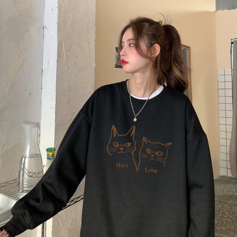 XiaoZhaiNv Sweater Oversized Wanita Nice Time Cats Pattern Lengan Panjang Korean Style