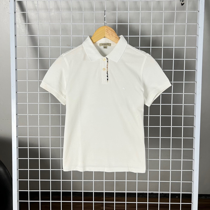 Burberry White Polo Shirt, kaos kerah original