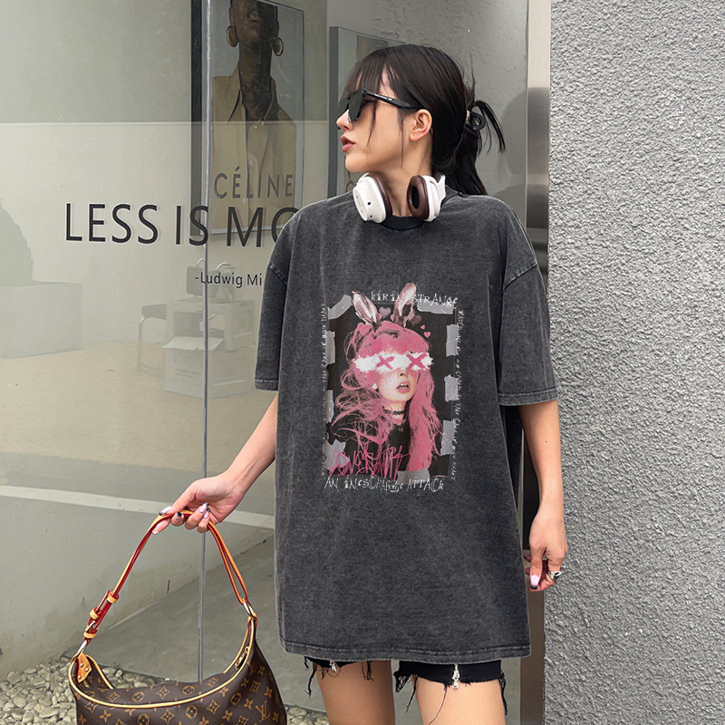 EUNII T-shirt Lengan Pendek Black Washed Vintage Pink Bunny Printing Korean Style/Kaos Atasan Wanita/Baju Wanita/Kaos Wanita