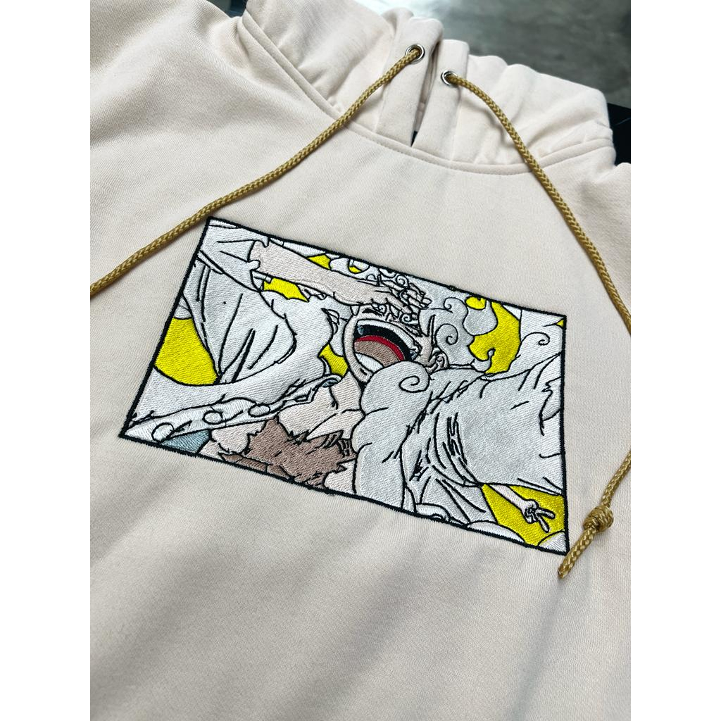 Hoodie Luffy God Nika Embroidery Cream Anime Manga One Piece Premium Unisex