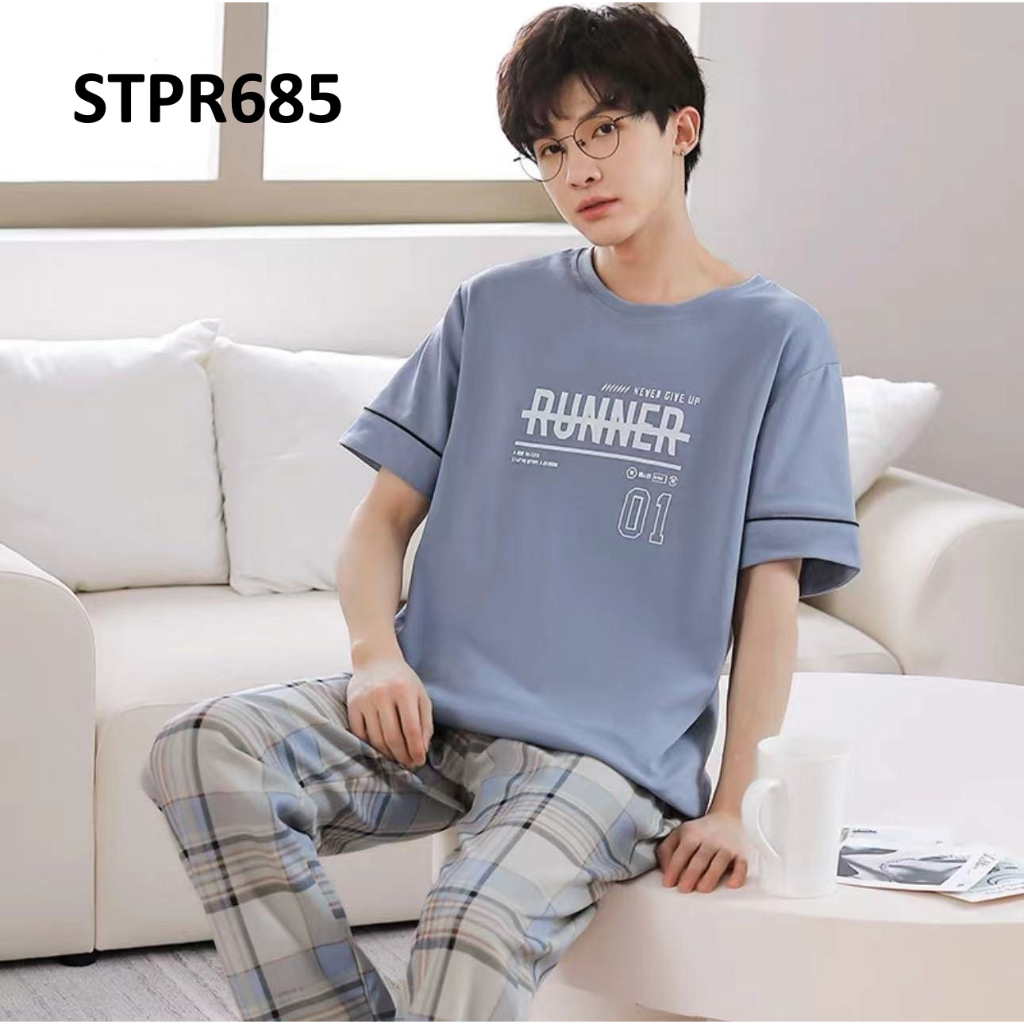 Piyama Pria Baju Tidur Pria Lengan Pendek Celana Panjang Navy Blue