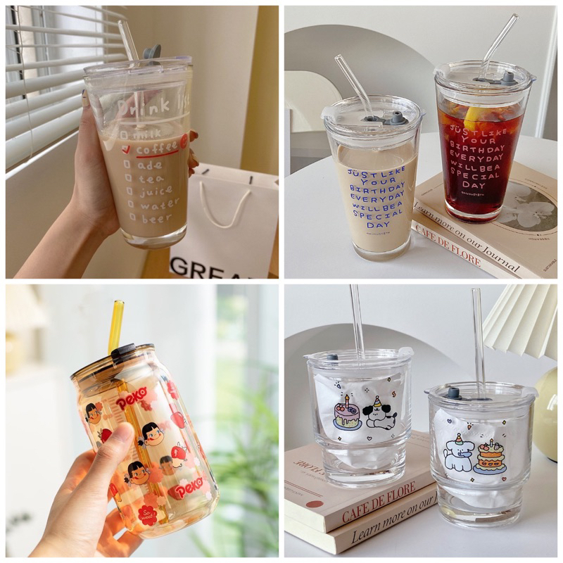 GELAS MUG KACA / GELAS TUMBLER DENGAN SEDOTAN / GELAS AESTHETIC