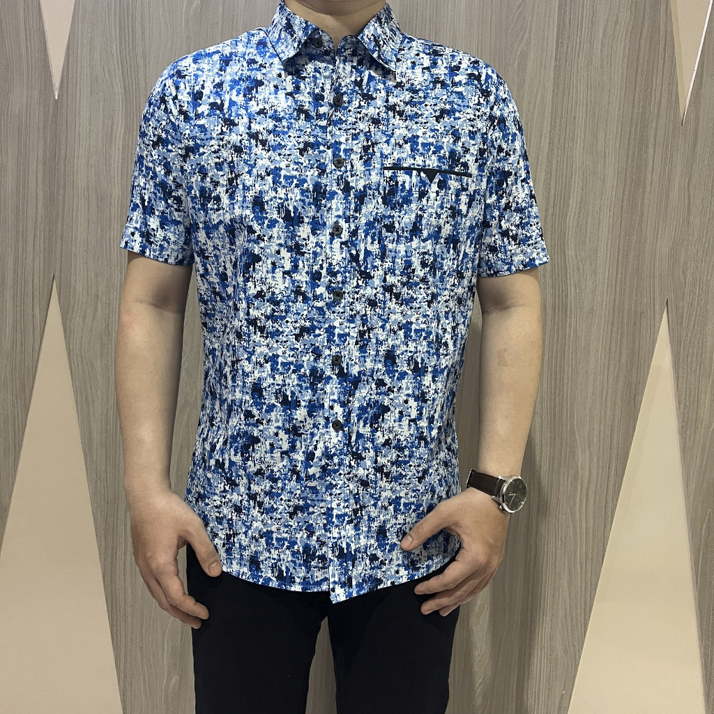 [GRIDLINE - S335 Spider - S304 Blue - S103 Navy] Kemeja Print Pria Lengan Pendek Slimfit FULL KATUN