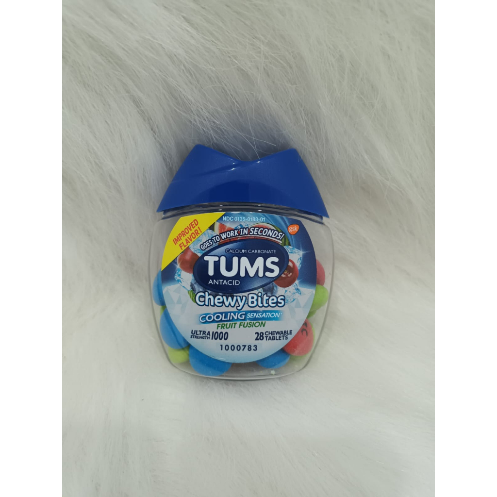 TUMS Chewy Bites Chewable Antacid Tablets with Gas Relief, Lemon &amp; Strawberry - 28 Count