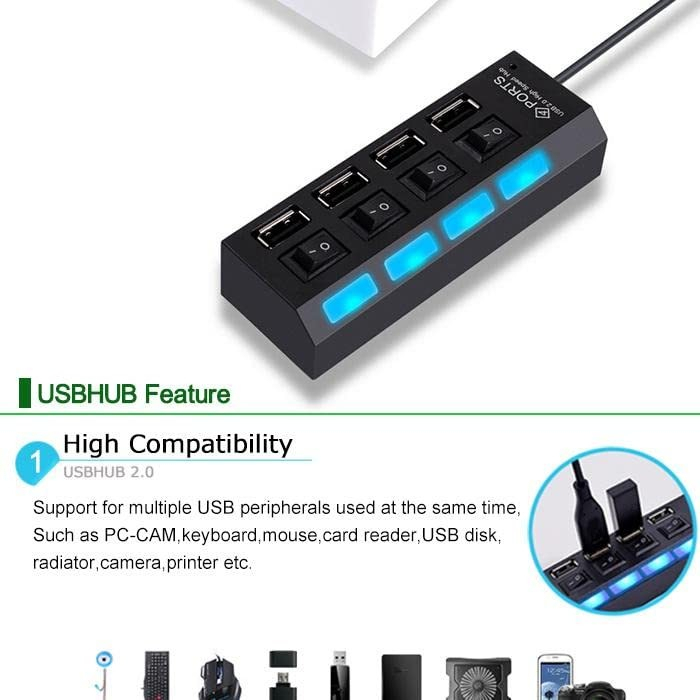 USB Hub 4 Port Output Saklar Switch On Off LED 2.0 Flashdisk Extender Extension Cable FD Kabel Ekstensi