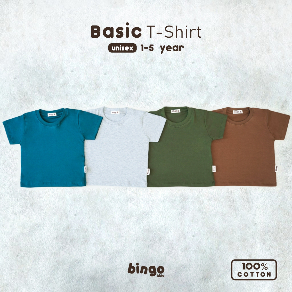 BINGOKIDS | BASIC T-SHIRT / Kaos Polos Anak Balita / Kaos Oblong T Shirt 1-5 Tahun     Anak Laki Perempuan Unisex Katun Premium Navy Tosca Biru Abu Army Coffe Coklat Gelap