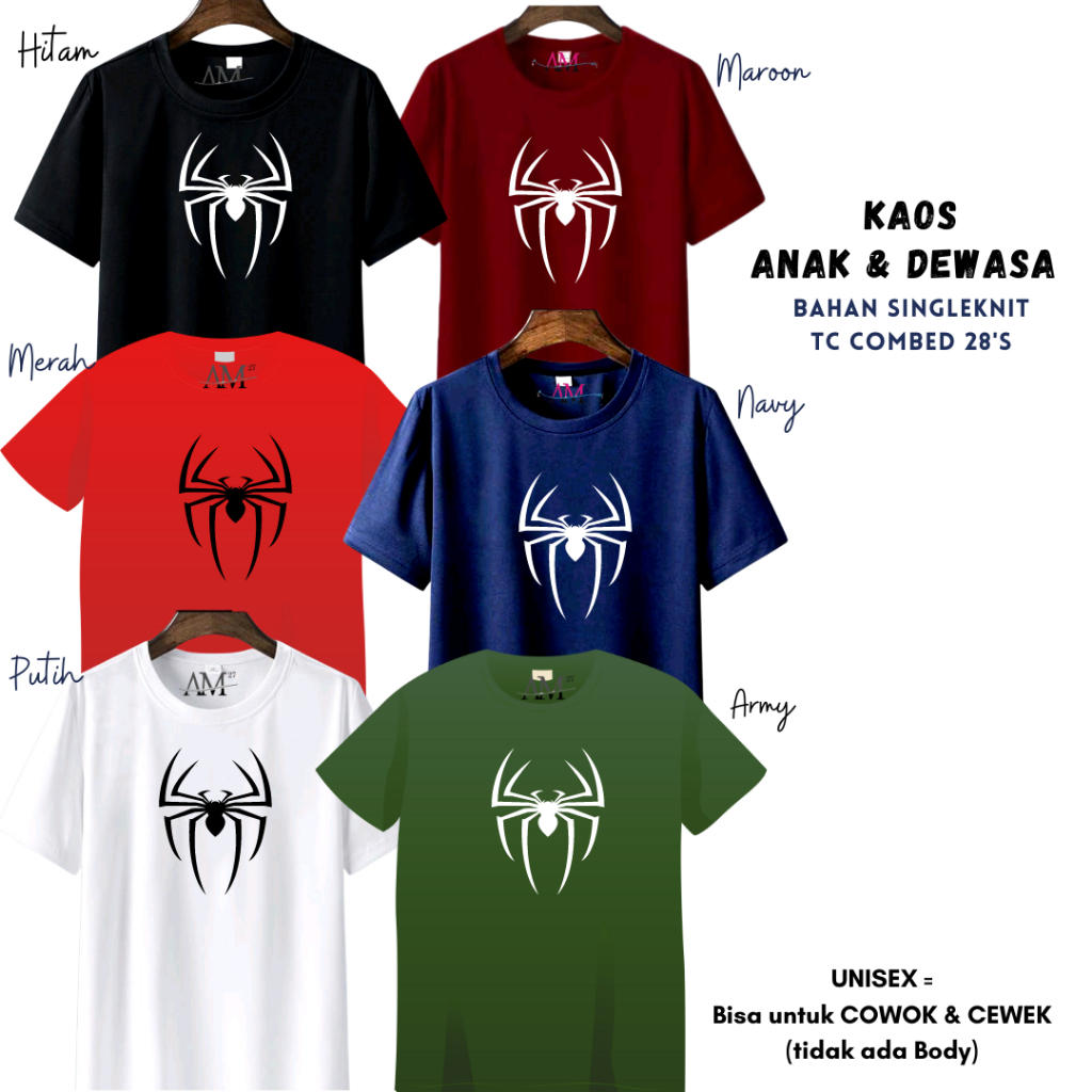 KAOS ANAK COWOK 3-12 TAHUN - REMAJA - DEWASA SPIDER-LABA 12WARNA