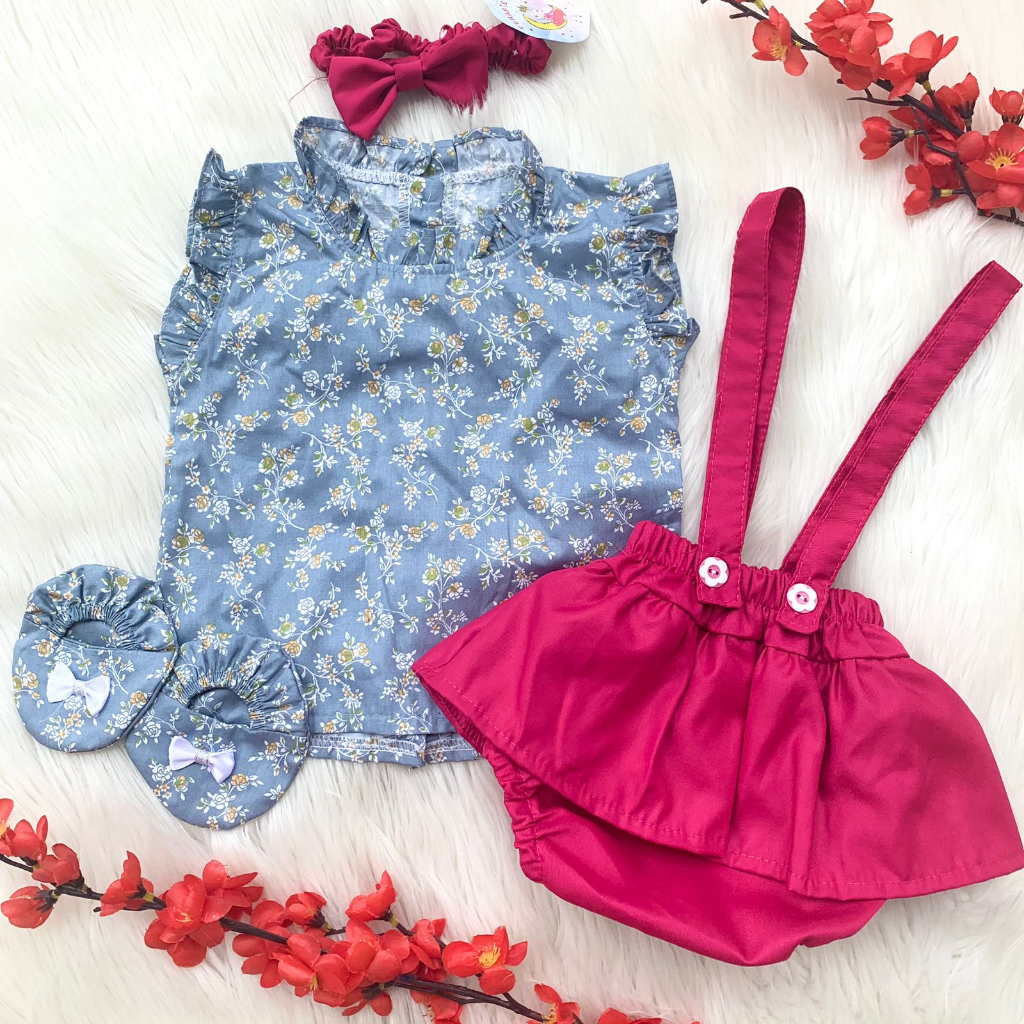 Baju setelan baju rok overall bandana sepatu motif cantik fashion anak bayi cewek perempuan baby girl murah -car