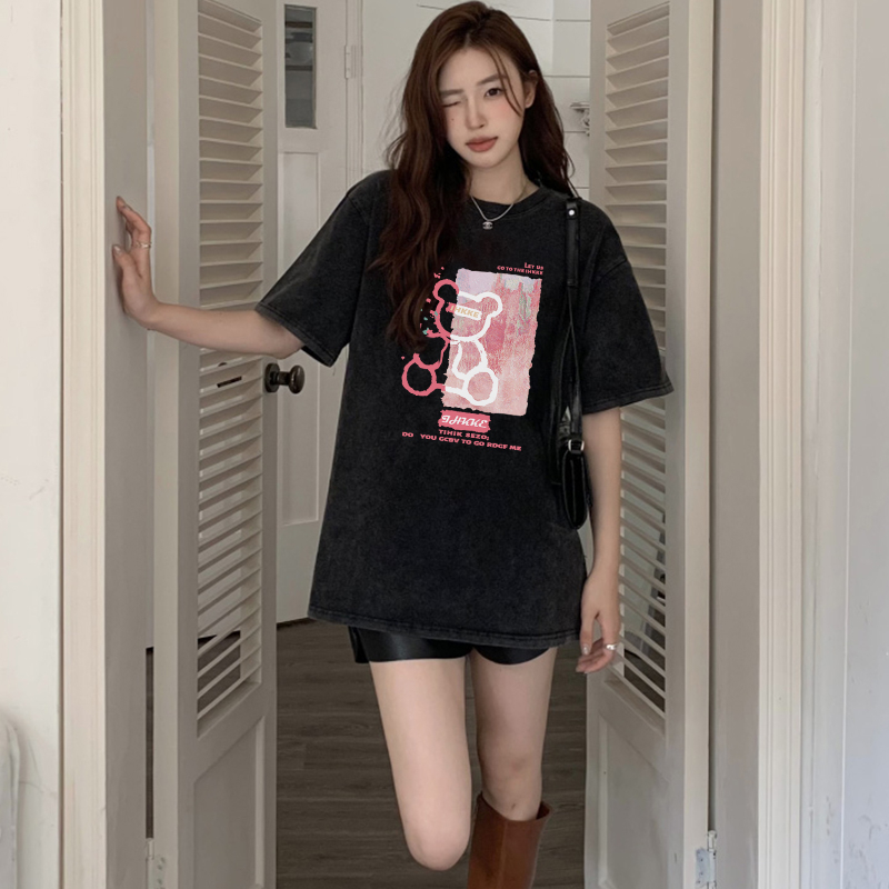 Print Washed T-shirt Kaos Lengan Pendek Oversize Hitam Vintage Plush Bear Korean Style Atasan Wanita