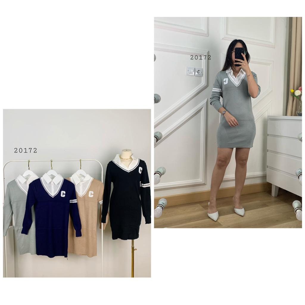 20172 DRESS RAJUT 2IN1 NYATU VARIASI BORDIR TEXT PREMIUM TERUSAN DRESS RAJUT POLOS MIX KERAH PUTIH I