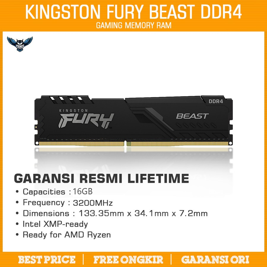 RAM Kingston Fury Beast 16GB 3200 (Single) DDR4 Black Memory 3200MHz