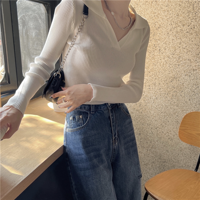 EUNII Korean Style Kaos Rajut Polos Wanita Lengan Panjang Knit Kaos Atasan Polo Import