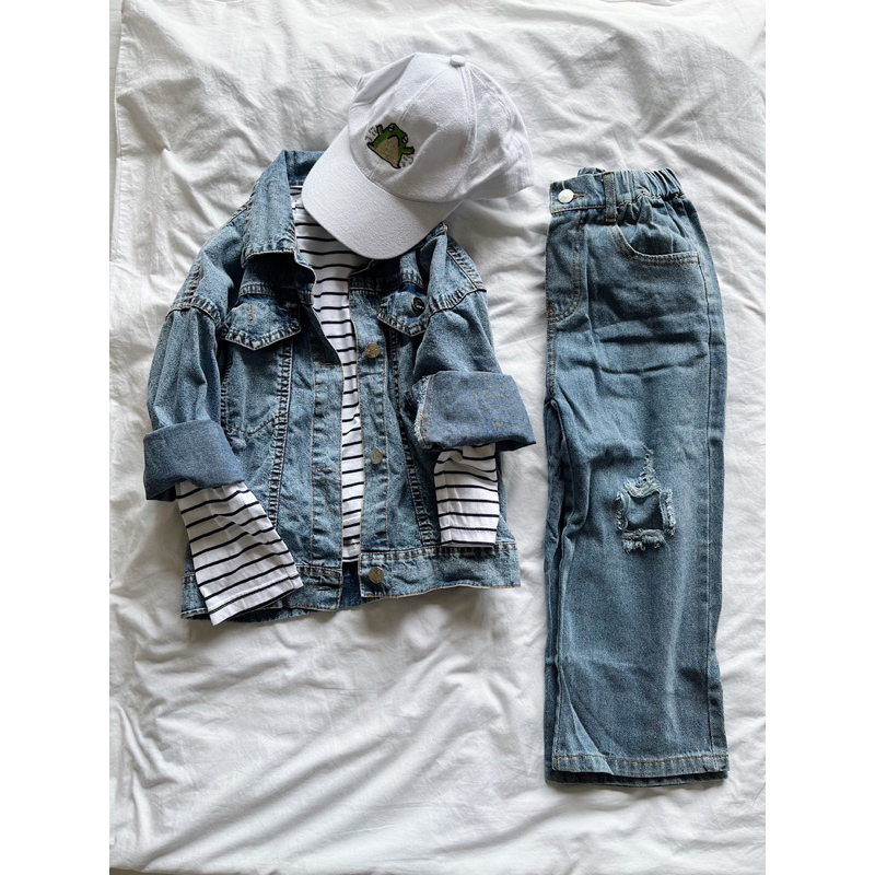 Jacket denim anak biru jeans atasan laki-laki perempuan