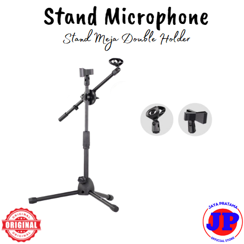 Stand Microphone Meja Double Holder Standing Podium Cagak Kaki Tiga
