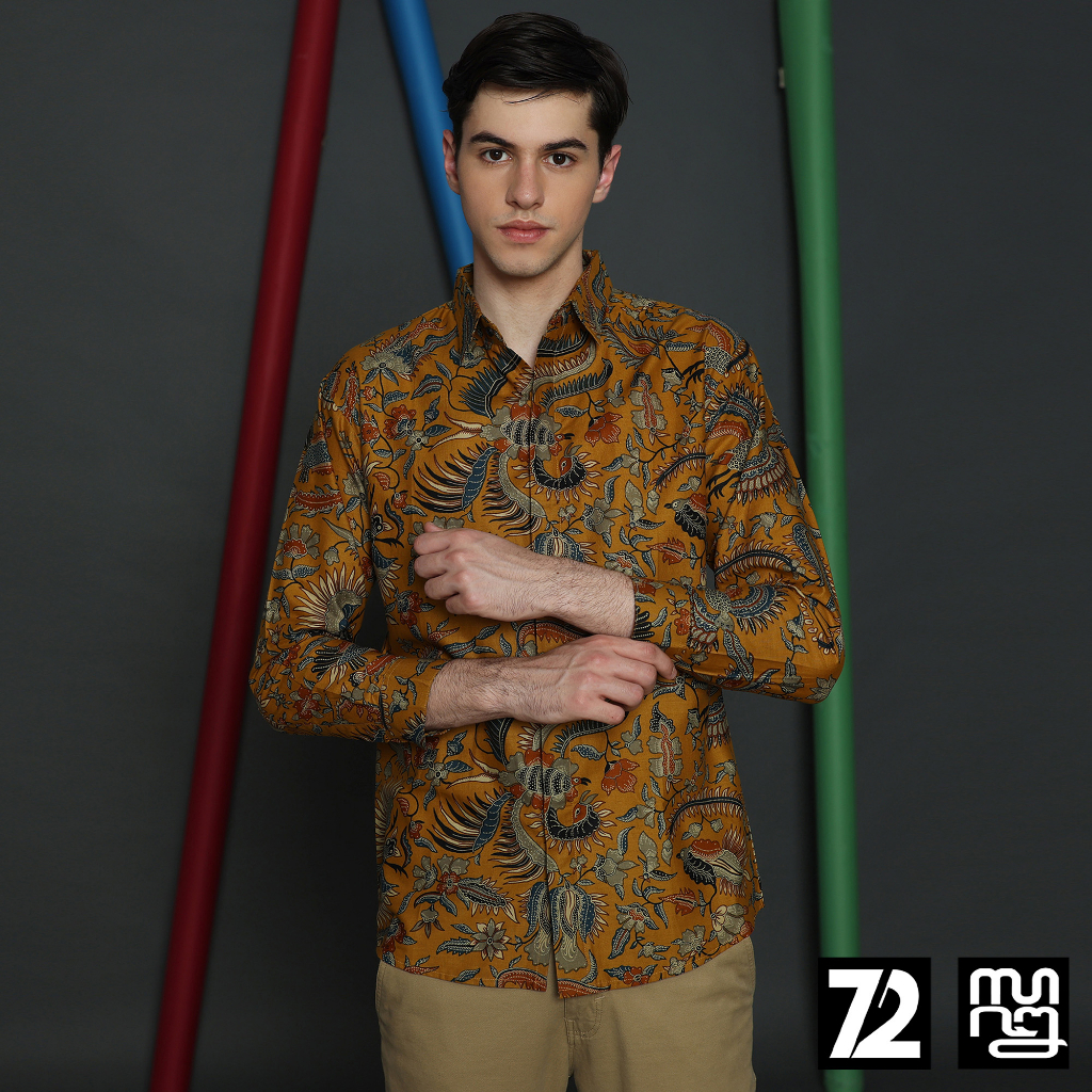 KEMEJA BATIK PRIA Katun Lengan Panjang Slimfit Motif Burung Duri Warna Kuning 723351 Cap 72 - Baju Kemeja Atasan Pakaian Setelan Batik Pria Cowok Laki Laki Remaja Keluarga Kantor Lengan Panjang Modern Slimfit Slim Fit Premium Kekinian