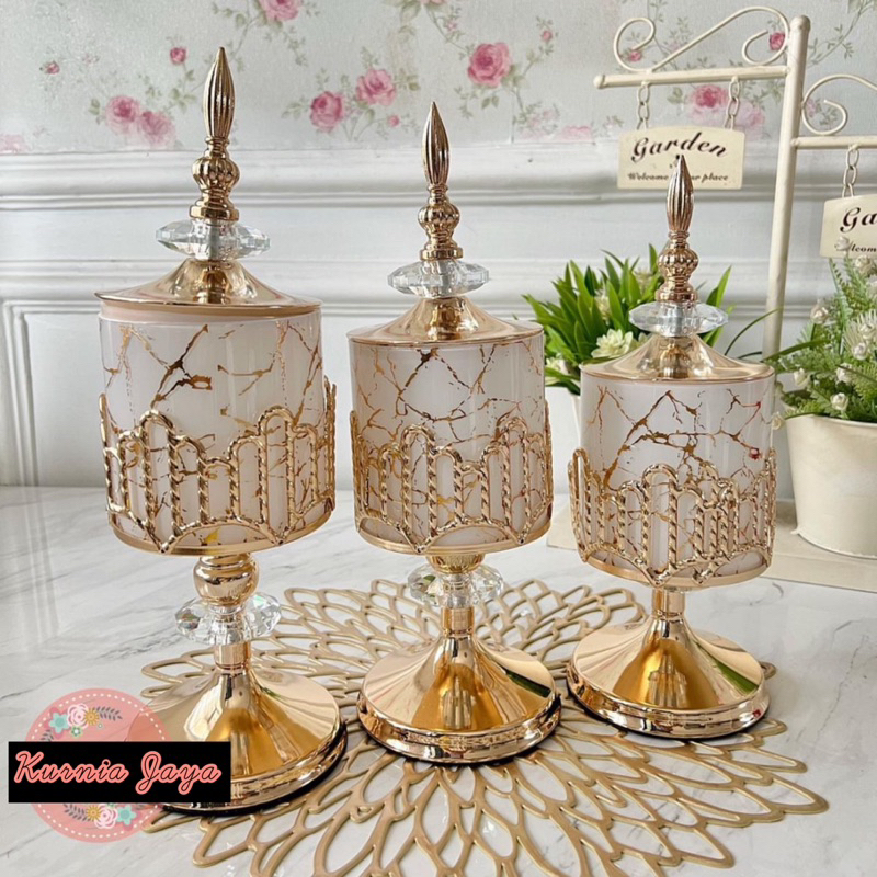 Toples Kue Lebaran / Toples Kue Kering / Toples Kaca White Marble 1 set 3 pcs