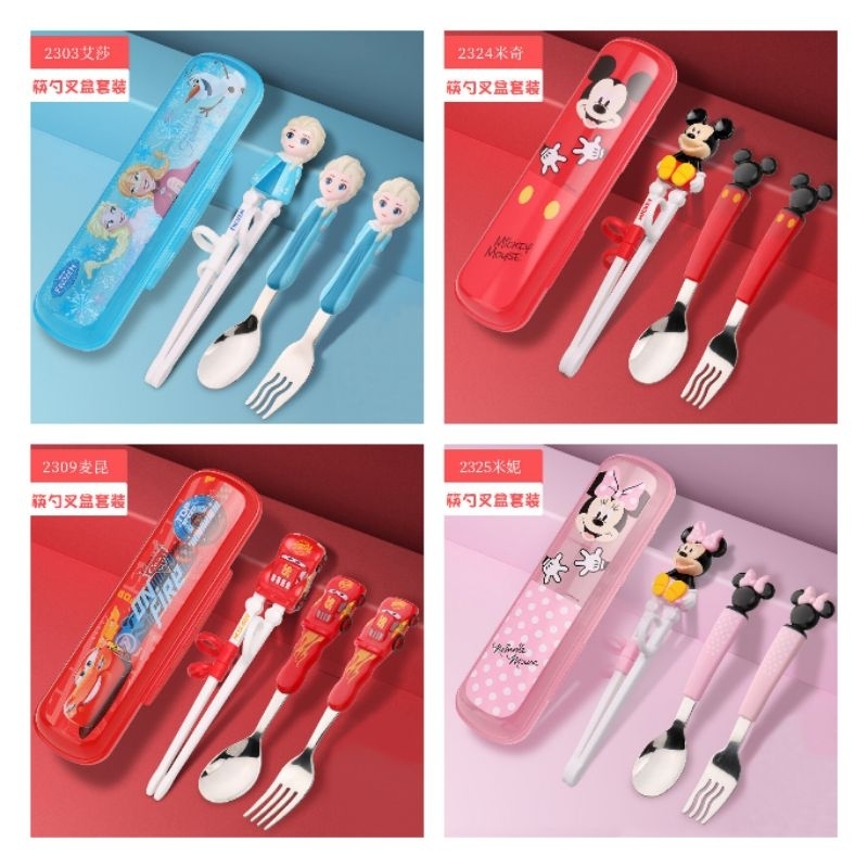 Disney Training Chopsticks + Spoon + Fork with Case / Sendok Garpu Sumpit dengan Kotak Mickey, Minnie, Cars, Frozen