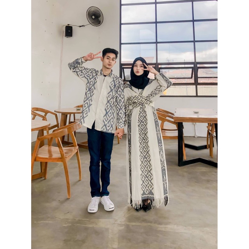 set couple sarimbit batik tenun baju prewedding kondangan putih elegant