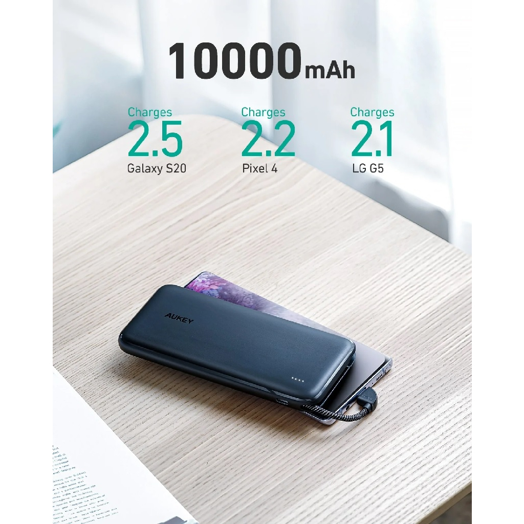 AUKEY PB-N73C BASIX SLING 10000 - Powerbank 10000mAh Built-in Cable - Garansi Distributor Resmi 24 Bulan