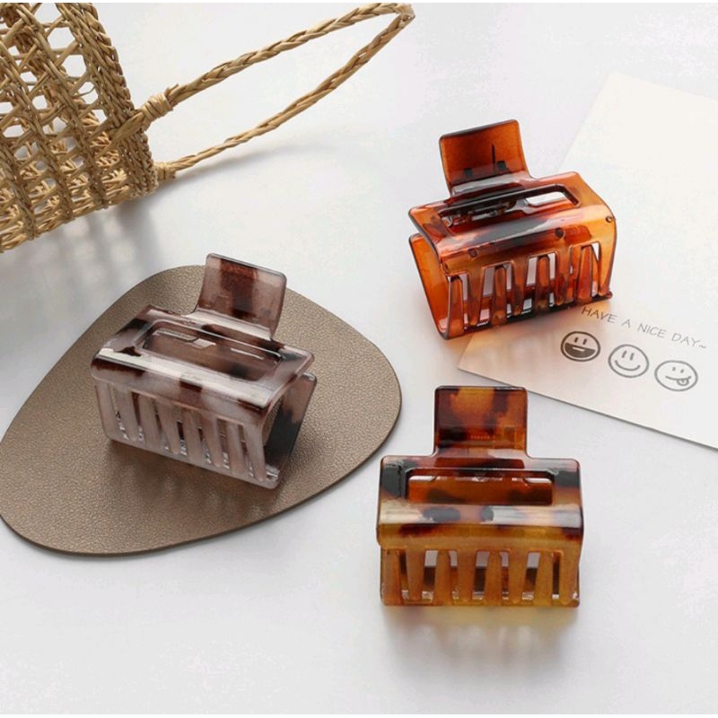 Jepit Rambut Salon Transparan Model Kotak Bolong Ukuran 5cm Matte Glossy dengan Handle Jedai Transparan Motif Macan Square Hair Claw Clips