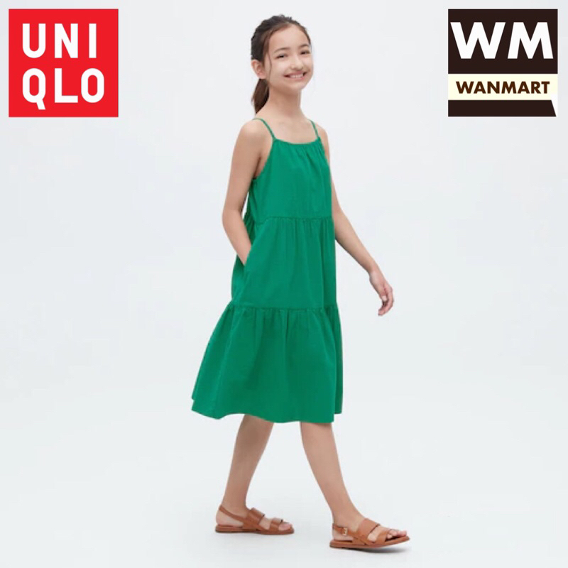 UNIQLO Kids Girls Dress Gaun Kamisol Seersucker Anak Perempuan Green