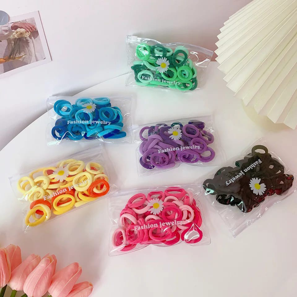 50PCS Karet Ikat Rambut Polos Korea Simple Elegan Dengan pouch