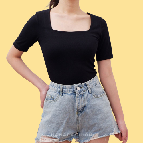 Kaos Basic U NeckT-shirt Crop Wanita Crop Top Korea