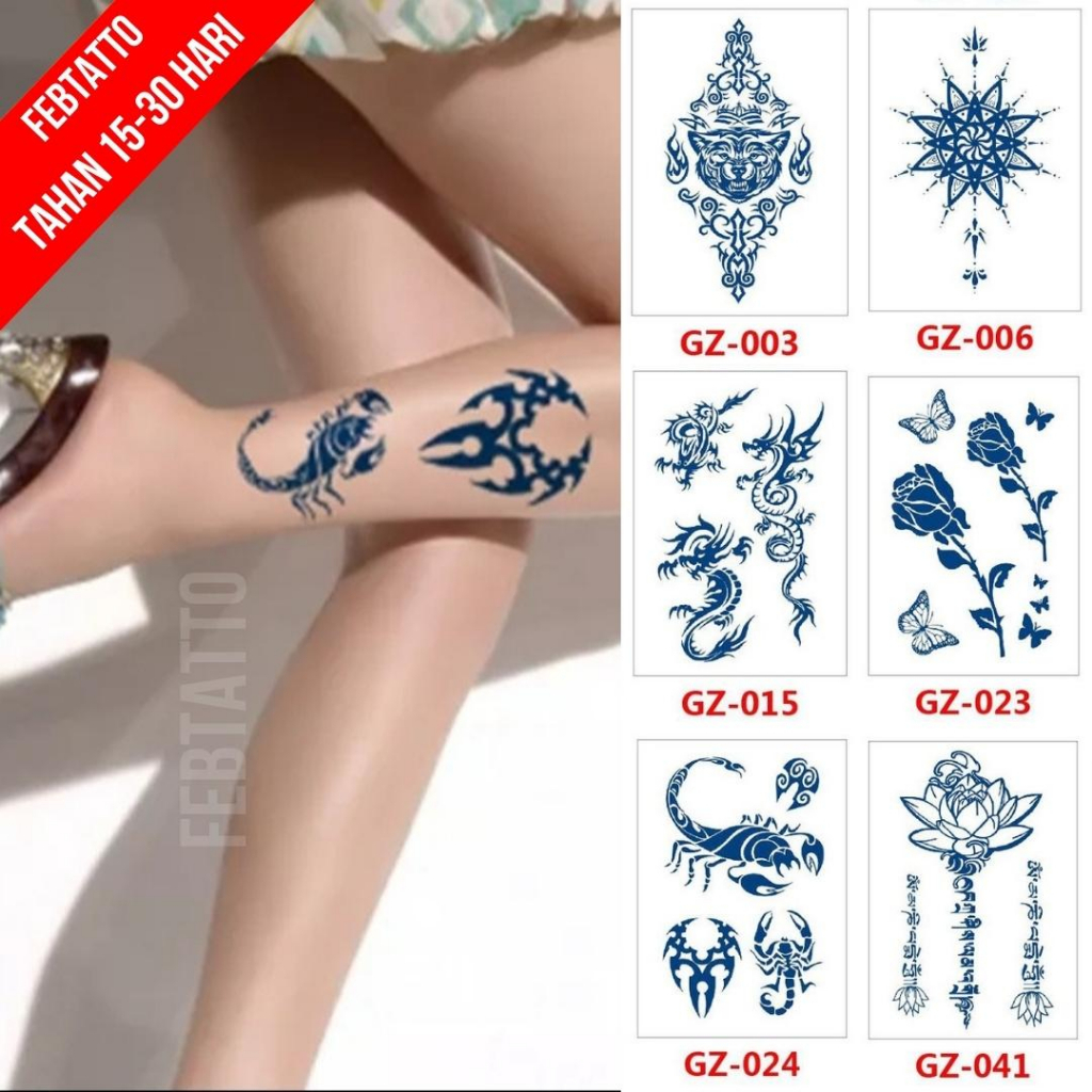 Tato Semi Pemanent Tahan 1 Bulan Ukuran 11cmx18cm Tato Lengan Tato Dada Tato tangan Tato Kaki Tato Punggung Tato Jari  Motif Aesthetic Tatto Temporary Stiker Tato Halal Grosir Tato air motif tulisan, tribal, naga, bunga, kalajengking, tulisan GZ 024